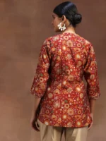 Red Printed Silk Blend A-Line Kurti - Image 2