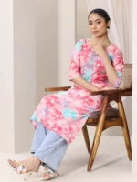 Pink Printed Silk Blend Straight Kurta - Image 3