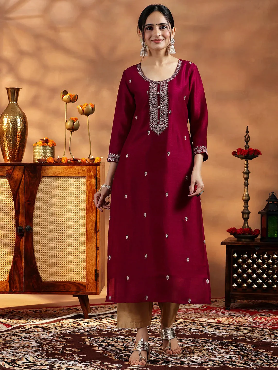 5_00a47ef1-ef88-429b-a317-930a3677e651.webp Maroon Embroidered Silk Straight Kurta - Image 1