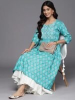 Turquoise Blue Embellished Rayon A-Line Kurta - Image 3